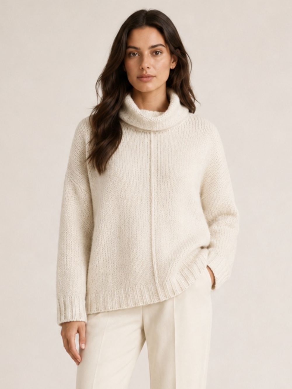 Eileen Fisher Cream Organic Cotton Chunky Knit Cowl Neck Sweater Medium